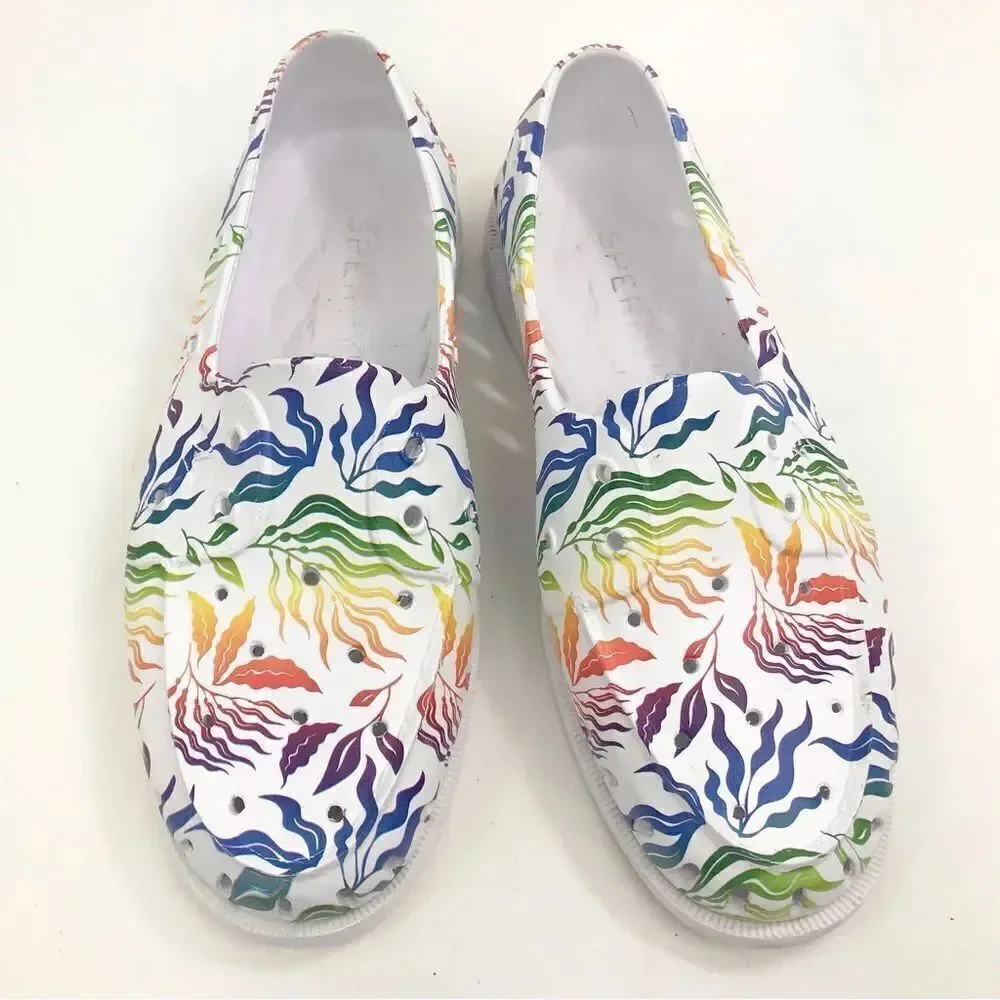 Sperry TopSider White Multicolor Tropical Rainbow Pride Unisex Floater Loafers
